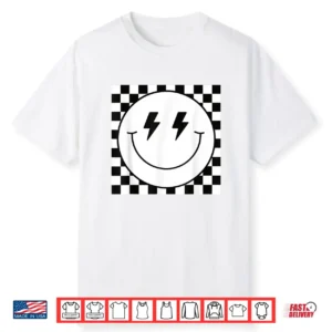 Retro Checkerboard Happy Face Lightning Bolt Eyes Graphic Shirt