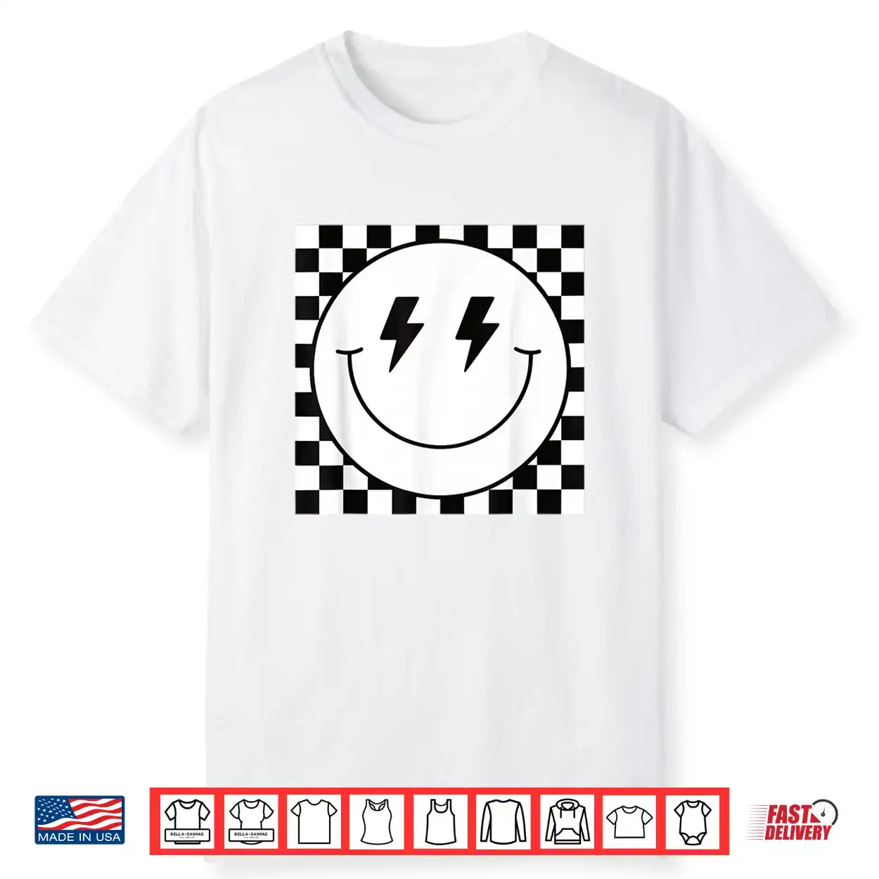 Retro Checkerboard Happy Face Lightning Bolt Eyes Graphic Shirt Retro Checkerboard Happy Face Lightning Bolt Eyes Graphic Shirt