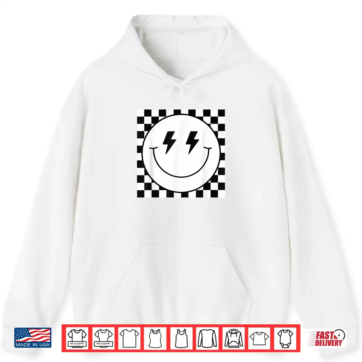 Retro Checkerboard Happy Face Lightning Bolt Eyes Graphic Shirt Retro Checkerboard Happy Face Lightning Bolt Eyes Graphic Shirt