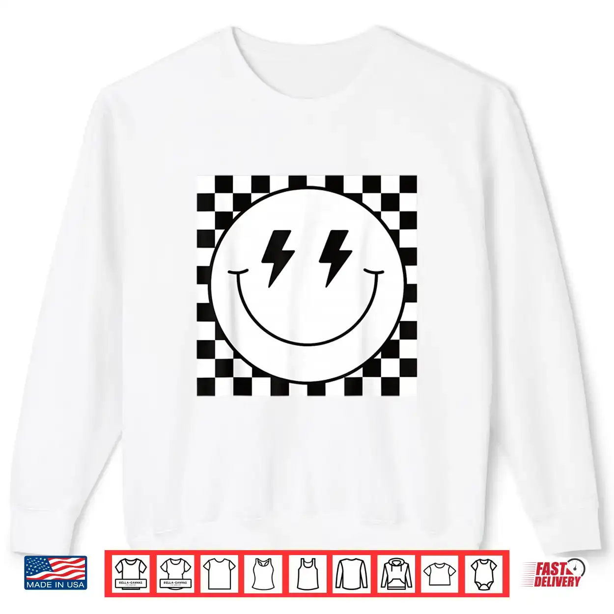 Retro Checkerboard Happy Face Lightning Bolt Eyes Graphic Shirt Retro Checkerboard Happy Face Lightning Bolt Eyes Graphic Shirt