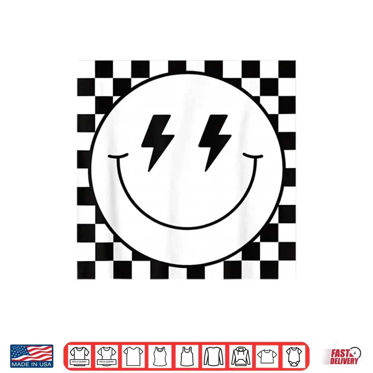Retro Checkerboard Happy Face Lightning Bolt Eyes Graphic Shirt Retro Checkerboard Happy Face Lightning Bolt Eyes Graphic Shirt