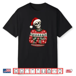 Skeleton Ugly Sweater Santa Hat Christmas Halloween Shirt