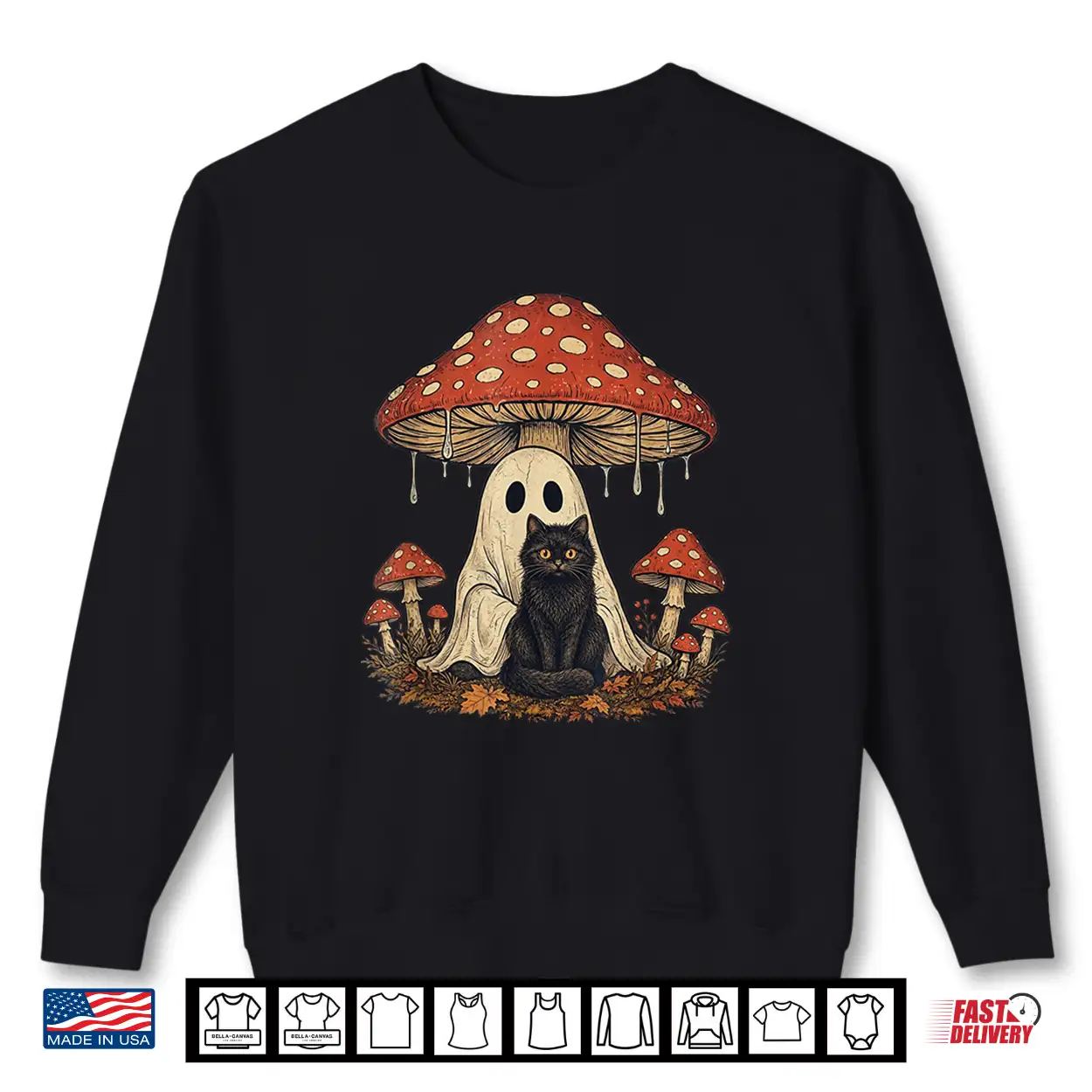 Mushroom Ghost Cottagecore Halloween Ghost And Black Cat Shirt Mushroom Ghost Cottagecore Halloween Ghost And Black Cat Shirt