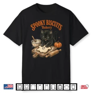 Spooky Biscuits Bakery Club Funny Black Cat Baking Ghost Shirt