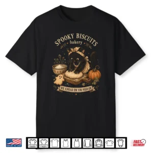 Spooky Biscuits Bakery Funny Black Cat Baking Halloween Tee Shirt
