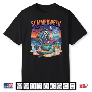 Summerween Mermaid Skeleton Beach Halloween Flamingo Lovers Shirt