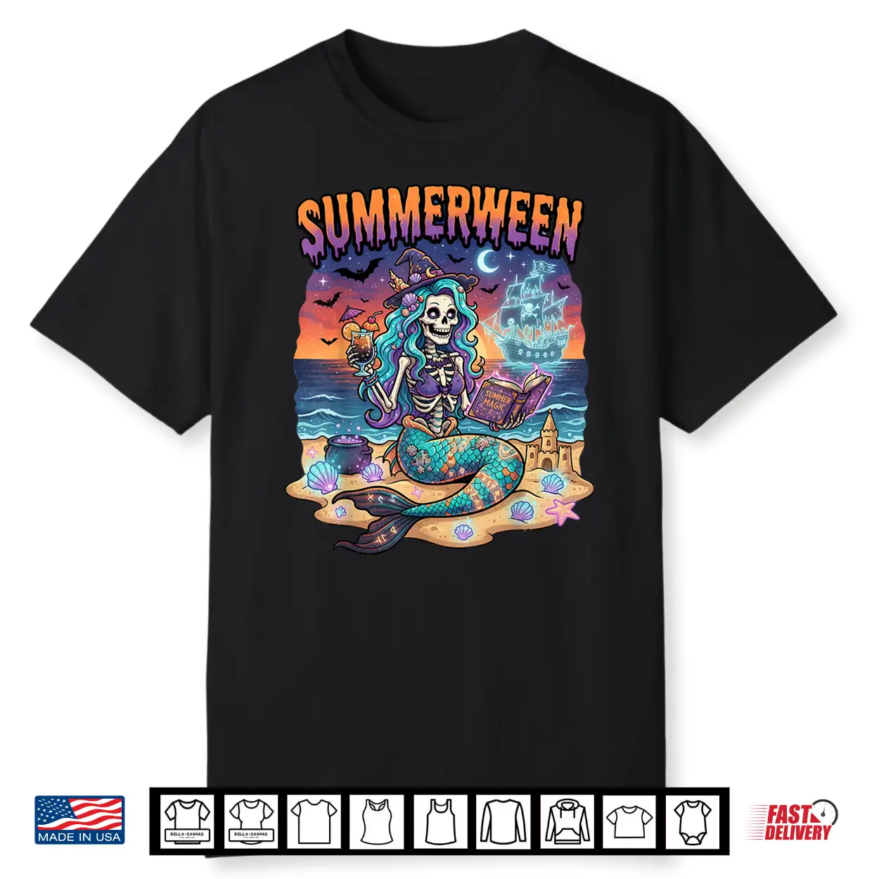 Summerween Mermaid Skeleton Beach Halloween Flamingo Lovers Shirt Summerween Mermaid Skeleton Beach Halloween Flamingo Lovers Shirt