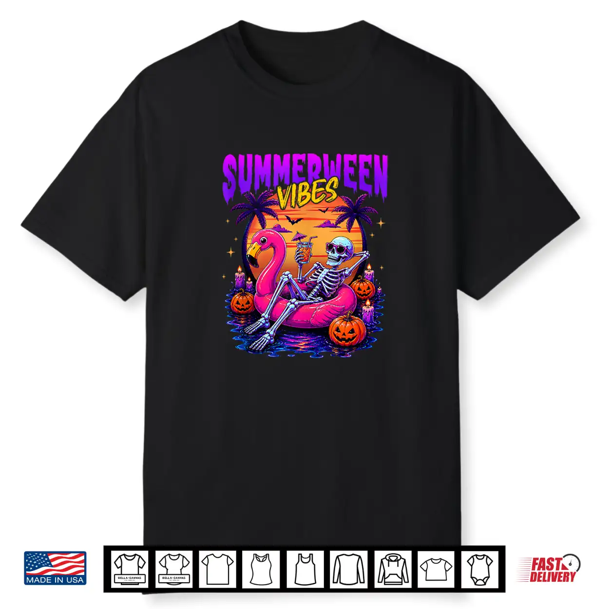 Summerween Vibes Skeleton Floating In Flamingo Beach Summer Shirt Summerween Vibes Skeleton Floating In Flamingo Beach Summer Shirt