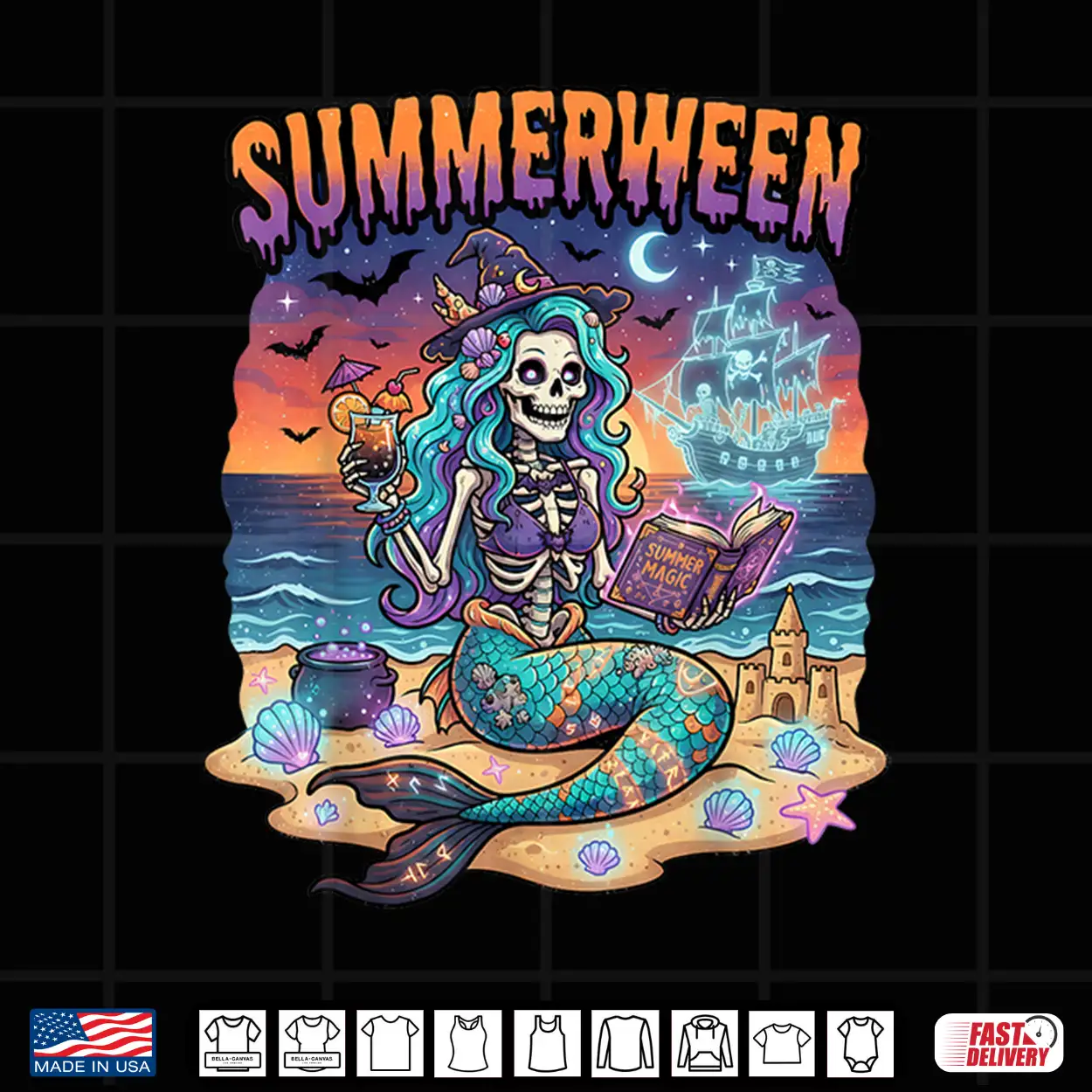 Summerween Mermaid Skeleton Beach Halloween Flamingo Lovers Shirt Summerween Mermaid Skeleton Beach Halloween Flamingo Lovers Shirt