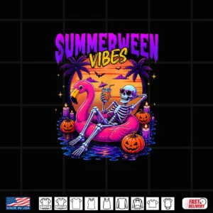 Summerween Vibes Skeleton Floating In Flamingo Beach Summer Shirt 4 Design Summerween Vibes Skeleton Floating in Flamingo Beach Summer Shirt
