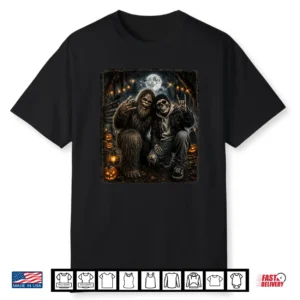 Funny Bigfoot Skeleton Halloween Rock Pumpkin Sasquatch Moon Shirt