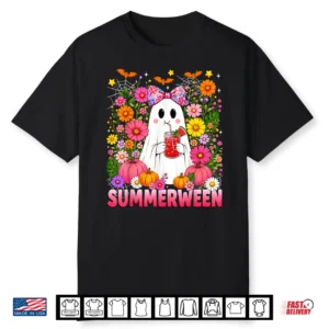 Funny Summerween Ghost Coquette Halloween Summer Floral Kids Shirt