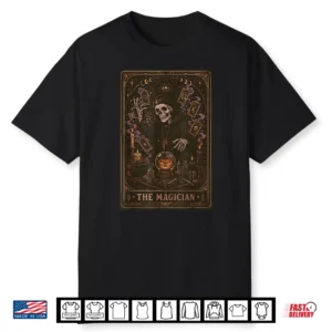 Halloween Tarot Card Magician Skeleton Pumpkin Vintage Men Shirt