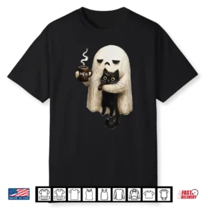 Retro Funny Boojee Ghost Holding Black Cat Cozy Hot Latte Shirt