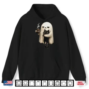 Hoodie Retro Funny Boojee Ghost Holding Black Cat Cozy Hot Latte Shirt