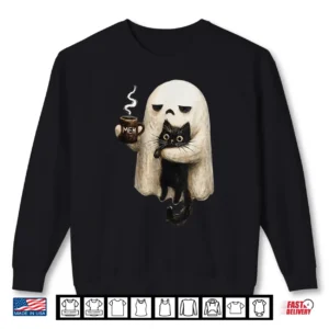 Sweatshirt Retro Funny Boojee Ghost Holding Black Cat Cozy Hot Latte Shirt