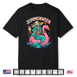 Summerween Skeleton Mermaid Flamingo Float Summer Halloween Shirt