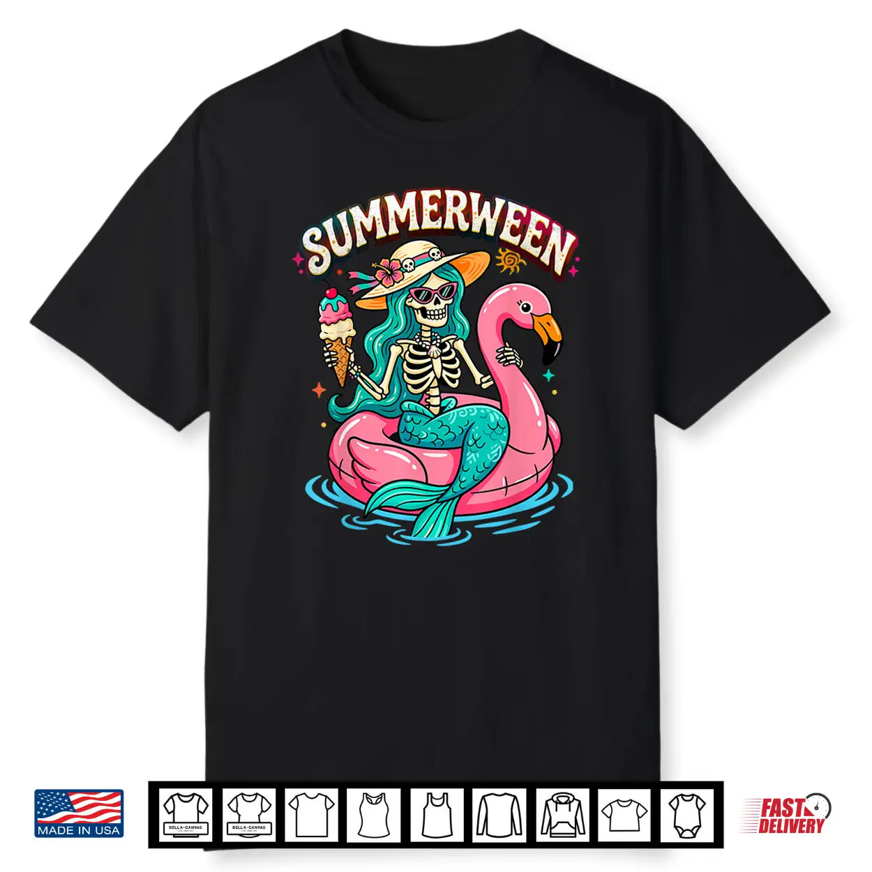 Summerween Skeleton Mermaid Flamingo Float Summer Halloween Shirt Summerween Skeleton Mermaid Flamingo Float Summer Halloween Shirt
