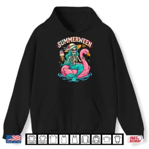 Summerween Skeleton Mermaid Flamingo Float Summer Halloween Shirt 1 Hoodie Summerween Skeleton Mermaid Flamingo Float Summer Halloween Shirt
