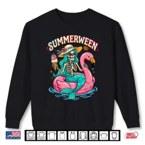 Summerween Skeleton Mermaid Flamingo Float Summer Halloween Shirt 2 Sweatshirt Summerween Skeleton Mermaid Flamingo Float Summer Halloween Shirt