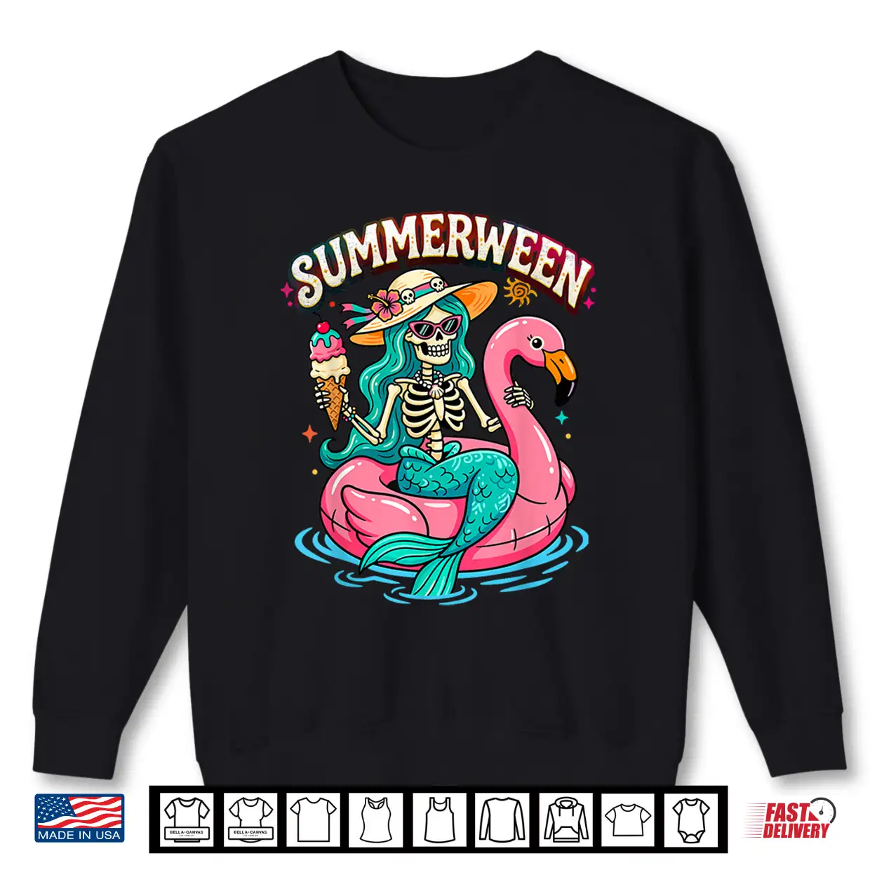 Summerween Skeleton Mermaid Flamingo Float Summer Halloween Shirt Summerween Skeleton Mermaid Flamingo Float Summer Halloween Shirt