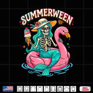 Summerween Skeleton Mermaid Flamingo Float Summer Halloween Shirt 4 Design Summerween Skeleton Mermaid Flamingo Float Summer Halloween Shirt