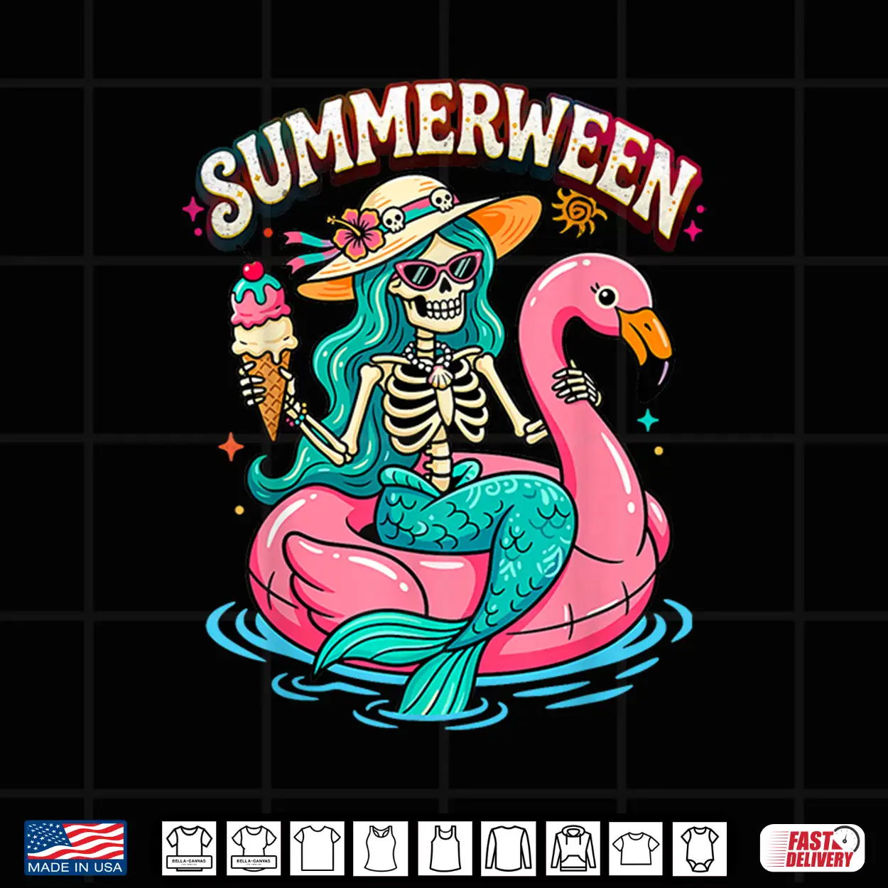Summerween Skeleton Mermaid Flamingo Float Summer Halloween Shirt Summerween Skeleton Mermaid Flamingo Float Summer Halloween Shirt