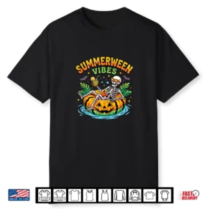 Summerween Vibes Spooky Summer Halloween Skeleton Pool Float Shirt