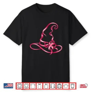 Pink Ribbon Witch Hat Breast Cancer Halloween Women Shirt